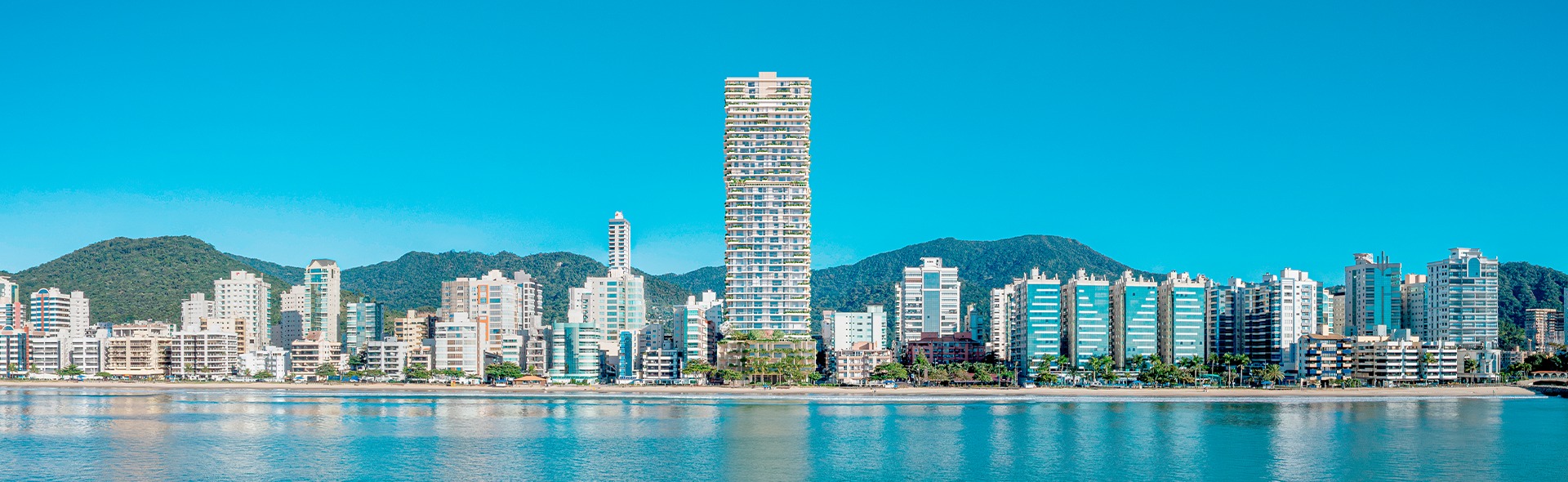 Render frontal da torre Evidências Itapema com vista para o mar